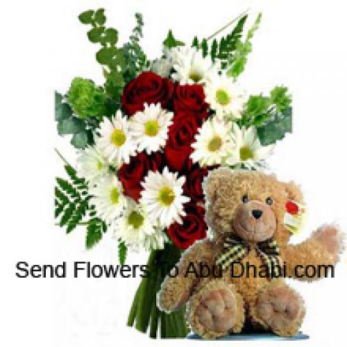 Rosen und Gerberas mit 12-Zoll-Teddy