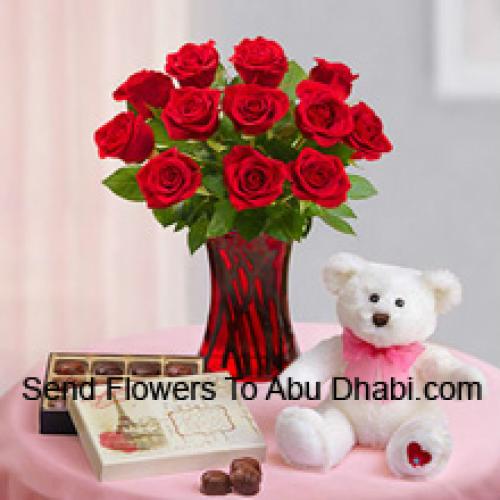 12 Beautiful Red Roses with Teddy and Chocolates