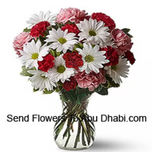 Red Carnations, Pink Carnations And White Gerberas With Seasonal Fillers In A Glass Vase -- 24 Stems And Fillers