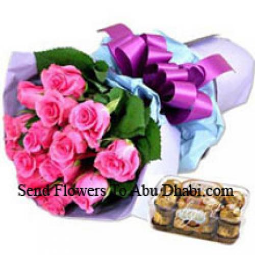 12 Pink Roses mit leckeren 16 Stk. Ferrero Rochers