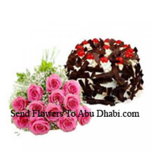 12 Pink Roses with Tasty Chocolate Crisp Cake