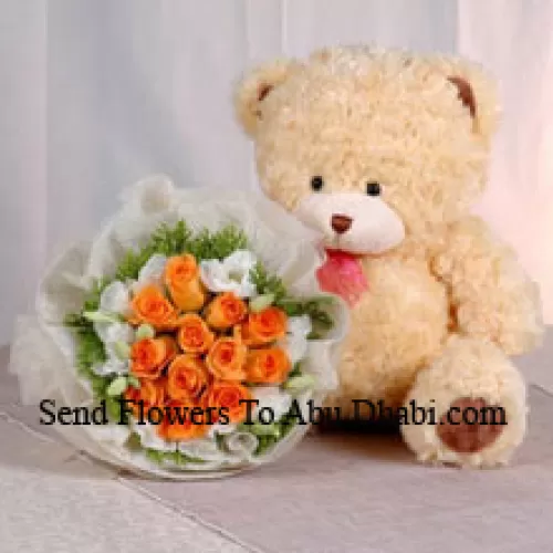 Bunch Of 12 Orange Roses And A Medium Sized Cute Teddy Bear